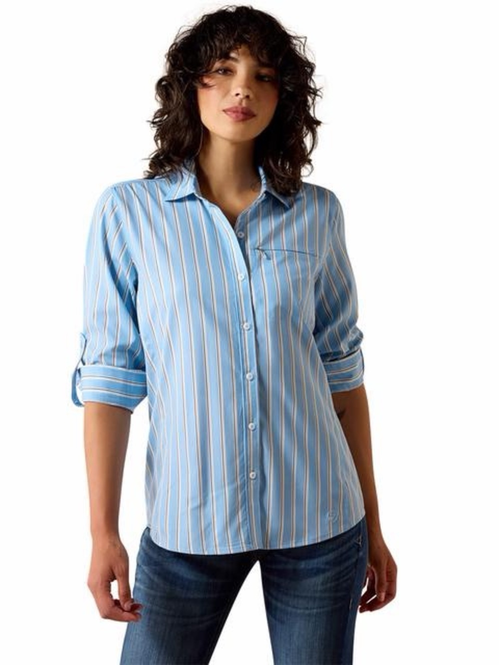 NWT AriatTEK Blue Stripe Button Down Shirt UPF 40 Sun Protection Western